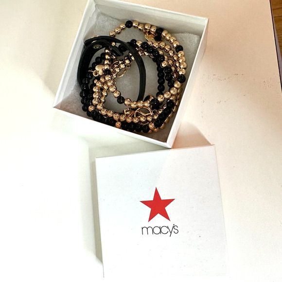 NWOT Macy's Black & Gold Multilayer Skull Heart Peace Bead Leather Wrap Bracelet - Picture 9 of 9